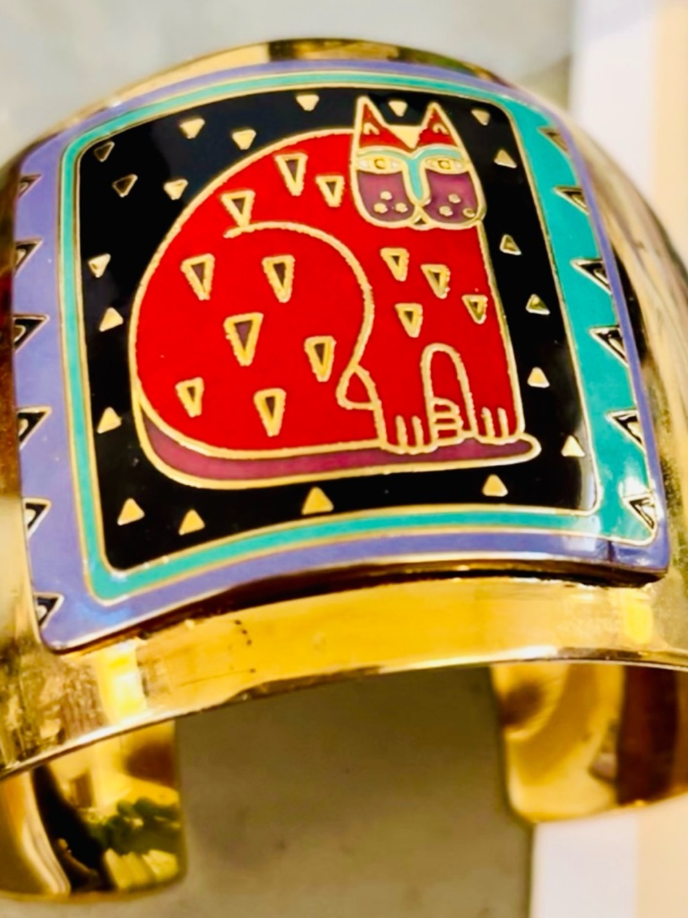 Laurel Burch fantastic feline enameled bracelet cuff Cat Brass Red 1980s Vintage - Picture 5 of 6